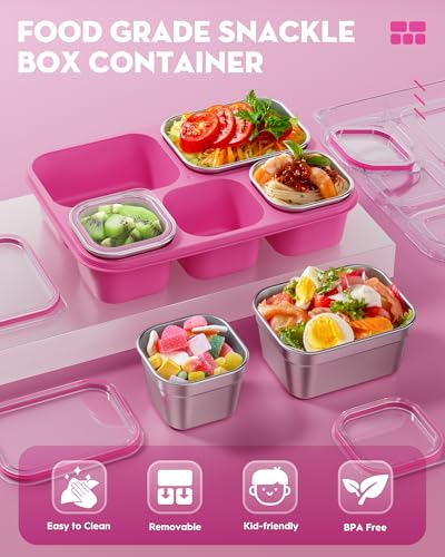 BiuLeon Snackle Box Containers, Stainless Steel 5 Compartments Divided Serving Tray with Lid, Removable LeakProof Portable Bento Box for Fruit Candy Nuts Food - School, Picnic and Travel（Pink） - color: Pink
