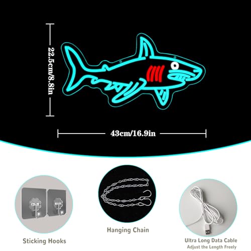 Shark Neon Sign for Wall Decor Dimmable USB Powered Blue Shark Neon Light Shark Lamp Wall Decor Sign Fish Light for Beach House Wall Art Ocean Animal Decor Game Room Bedroom Decor - style: shark