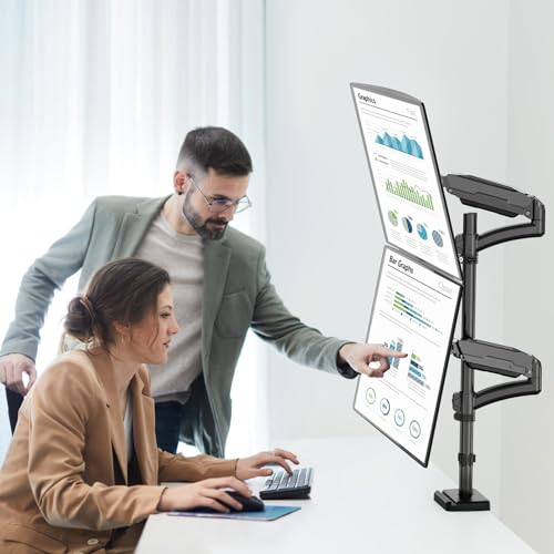 MOUNT PRO Vertical Dual Monitor Mount, Stacked Monitor Stand for 2 Computer Screens up to 32 inches, Full Motion Adjustable Tall Display Desk Mount, Each Arm Holds up to 17.6lbs, VESA Mount - size: Max 32“ Gas Spring