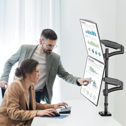 MOUNT PRO Vertical Dual Monitor Mount, Stacked Monitor Stand for 2 Computer Screens up to 32 inches, Full Motion Adjustable Tall Display Desk Mount, Each Arm Holds up to 17.6lbs, VESA Mount - size: Max 32“ Gas Spring