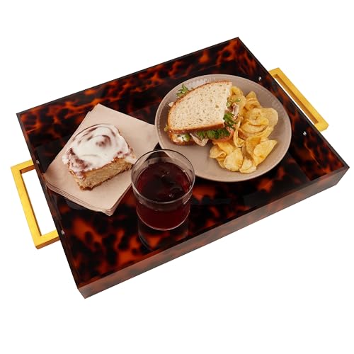 Acrylic Serving Tray with Gold Handles, 16" x 12" Decorative Tray for Coffee Table, Spill-Proof Food and Drink Server. Multipurpose for Ottoman, Kitchen, Vanity, Countertop, Party Use (Tortoise Shell) - color: Tortoise Shell
