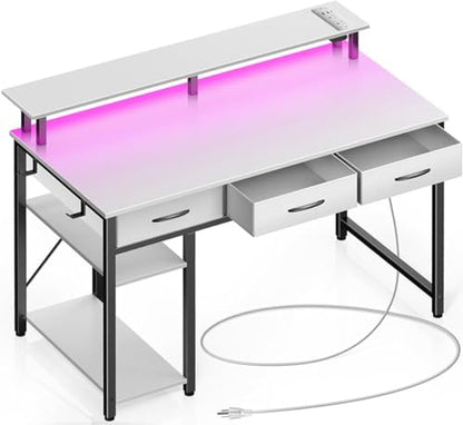 Rolanstar Computer Desk with Power Outlets & LED Light, 39 inch Home Office Desk with 3 Drawers and Storage Shelves, Writing Desk with Monitor Stand, Work Desk for Home Office,White - size: 39inch