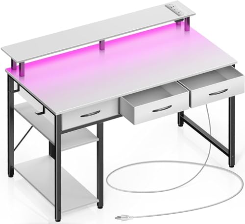 Rolanstar Computer Desk with Power Outlets & LED Light, 39 inch Home Office Desk with 3 Drawers and Storage Shelves, Writing Desk with Monitor Stand, Work Desk for Home Office,White - size: 39inch