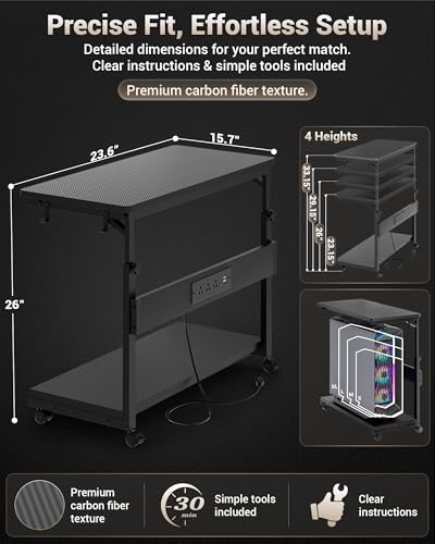 Armocity Computer Tower Stand - PC Stand for Floor with Power Outlets, PC Tower Stand for Carpet, PC Holder Under Desk with Wheels and Hooks, Gaming Console & Computer Cart, Carbon Fiber Black, 24"
