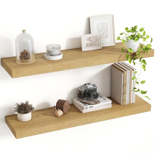Acovy 30 Inch Floating Shelves, 8 Inch Deep Floating Shelves for Wall, Hanging Shelf with Invisible Brackets, Deep Shelves for Bathroom, Bedroom, Living Room, Oak, Set of 2 - color: Oak, size: 8"Wx30"L-2pcs