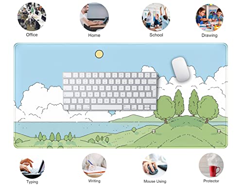 Cute Anime Desk Mat Kawaii Mousepad, Anime Street Aesthetics Desk Pad XXL, Japanese/Korean Lo-fi Drawing, Cute Green Blue Nature Mouse Pad Computer Keyboard Mat, Office Desk Pad Protector - color: A-cyan Cute Anime