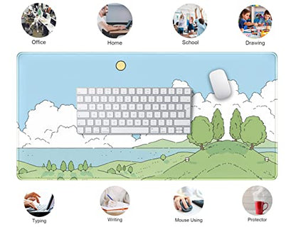 Cute Anime Desk Mat Kawaii Mousepad, Anime Street Aesthetics Desk Pad XXL, Japanese/Korean Lo-fi Drawing, Cute Green Blue Nature Mouse Pad Computer Keyboard Mat, Office Desk Pad Protector - color: A-cyan Cute Anime