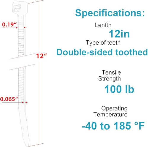 12 Inch Zip Ties Double Sided Toothed (Bulk 1000 Pack),100 LBS Tensile Strength Heavy Duty Cable Wire Ties With Self-Locking Adjustable More Durable Nylon Tie Wraps for Indoor Outdoor - size: 12 inch 1000 Pack （100 Lbs ）