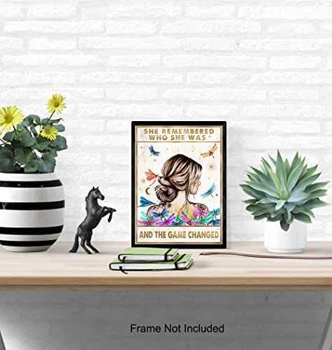 Inspirational Positive Quotes Wall Art Decor - She Remembered Who She Was And The Game Changed - Hippie Boho Motivational Poster - Encouragement Gifts for Women - Rustic Girls Bedroom Home Office