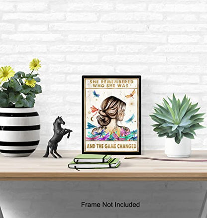 Inspirational Positive Quotes Wall Art Decor - She Remembered Who She Was And The Game Changed - Hippie Boho Motivational Poster - Encouragement Gifts for Women - Rustic Girls Bedroom Home Office