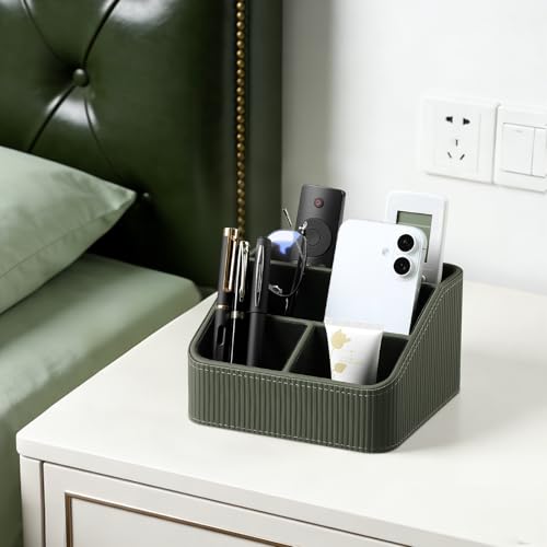 Remote Control Holder with 4 Compartments, PU Leather Small Nightstand Organizer for Home Desk Accessories Office Supplies, Multifunctional Stylish Small Bedside Desktop Organizers (Green) - color: Green