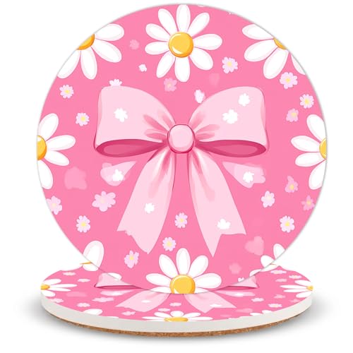 Daisy Bow Ceramic Coasters of 2 with Cork Backing Absorbent Cup Coaster | Non-Slip Coasters for Drinks and Coffee Table Office Desk Home Decor, Gifts for Daisy Lovers, Mom, Floral Fans - color: Daisy Bow