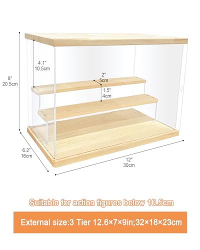 Clear Acrylic Display Case with Light , 3 Tier Display Box Stand Assembly Dustproof Protection Showcase for Collectibles Action Figures (12.6×7×9in; 32×18×23cm) - color: Wood with light, size: 3 Tier 12.6×7×9in；32×18×23cm