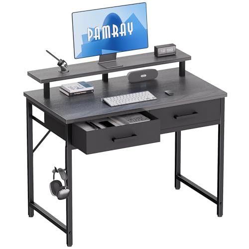 Pamray 32 Inch Small Computer Desk with Monitor Stand Home Office Desks with 2 Drawers for Bedroom Study Writing and Work Table for Small Spaces Grey - color: Grey