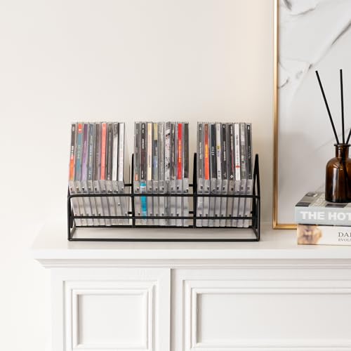 MyGift 3 Slot CD Holder Storage Stand, Video Game DVD Media Organizer Rack, Tabletop Compact Disc Shelf, CD Tower Holds 30 Jewel Cases, Modern Matte Black Metal Wire