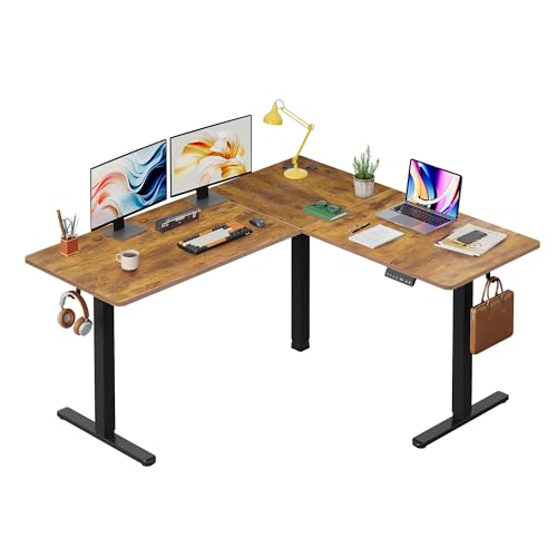 DEVAISE 63 Inch L Shaped Electric Standing Desk, 3 Adjustable Computer Desk for Home Office, Sit to Stand Desk with LED Touchscreen，Headphone Hook, 3 Memory Preset, with Split Top, Rustic Brown - color: Rustic Brown, size: 63 Inch / Split Top / L Shaped