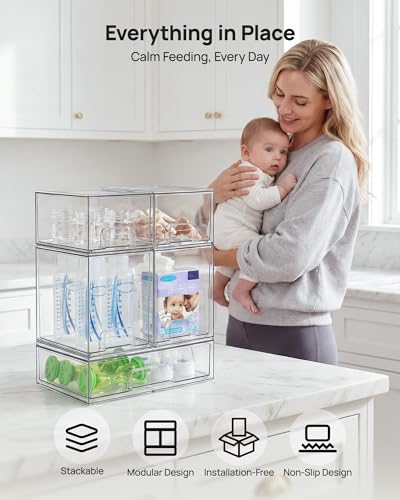 Vtopmart Stackable Storage Drawers Set of 7, Clear Plastic Organizer Bins for Baby Bottle, Beauty Supplies Storage, Ideal for Kichen Countertop, Vanity, Bathroom, Cabinet, Pantry Organization - style: 4 Small+2 High+1 Wide