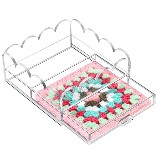 Scalloped Acrylic Tray, 5" x 5" Clear Acrylic Tray with Insert Drawer | Durable Acrylic, Modern Desk Decor Gift, Acrylic Trays for Needlepoint insert, Photos, Art, Fabric, Napkin, Jewelry Organizer - size: 5" x 5" x 2"