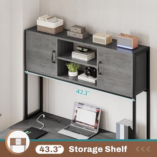 SEDETA L Shaped Gaming Desk, Reversible Computer Desk with Fabric Drawers and Power Outlet, Gaming Desk with Led Lights, Hutch and Storage Shelf for Home Office, Grey - color: Grey