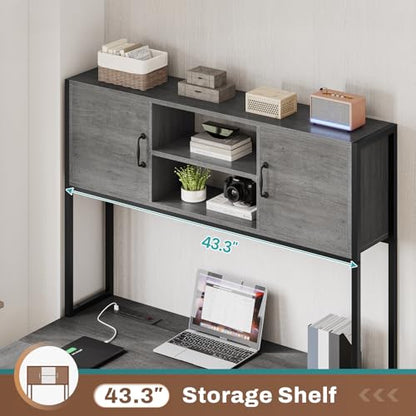 SEDETA L Shaped Gaming Desk, Reversible Computer Desk with Fabric Drawers and Power Outlet, Gaming Desk with Led Lights, Hutch and Storage Shelf for Home Office, Grey - color: Grey
