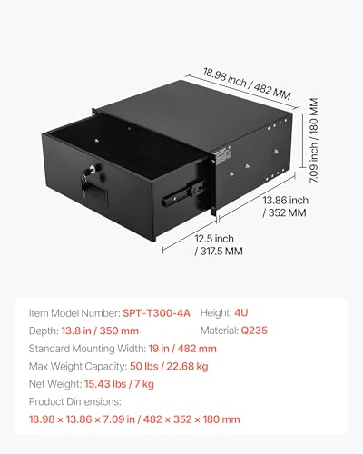 VEVOR 4U Rack Drawer, Lockable Server Cabinet Case, 13.8'' Depth Server Rack Mount Drawer, for 19'' Network Equipment/DJ/AV Rack or Cabinet Enclosure, 50 lbs Max Load, with Cable Management Holes - size: 4U