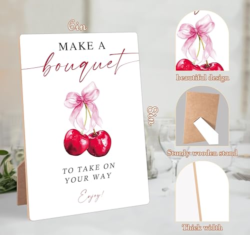 Cherry Wedding Signs for Reception, Pink Bow Make A Bouquet Sign, Berry Wooden Wedding Signs with Stand, Pink Bow Theme Bridal Shower Decorations, Bridal Shower Party Supplies for Reception, 02 - color: Cheery02