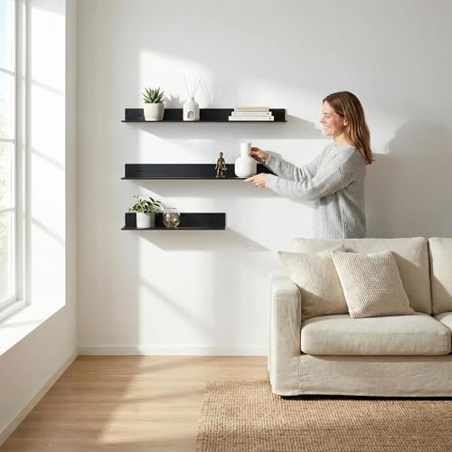 Z metnal Bathroom Shelf, Small Floating Wall Shelves, Decorative Ledge Shelf, Aluminum, Wall Mounted, Matt Black, 24/20/16 inch, 3 Set - color: Black, size: 24/20/16 inch (3 Set)