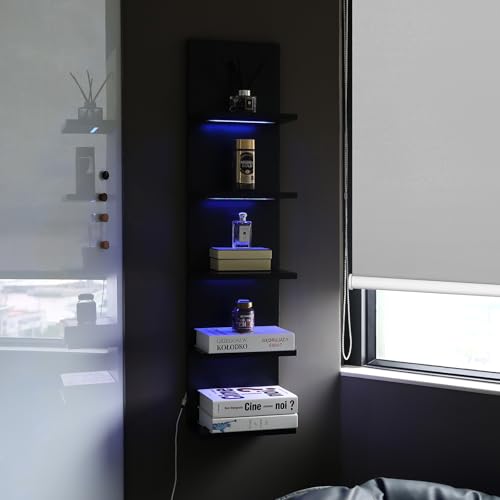 5 Tier Wall Shelf Unit, RGB Lack Shelf, Vanity Shelves with Light,Black Shelves for Room,Office,Bathroom,Remote Control - color: 5 Tier Rgb Black
