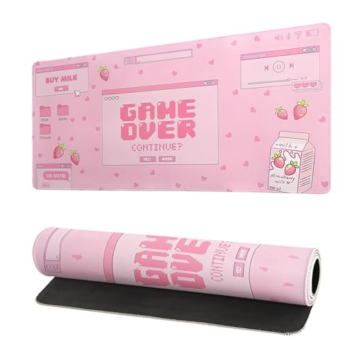 Pink Gaming Mouse Pad 27.6x11.8 Inch Pastel Game Over Large Mousepad Kawaii Office Decor for Women Non-Slip Rubber Base Stitched Edges Keyboard Mouse Mat Desk Pad for Office Home and Game - color: Game Over