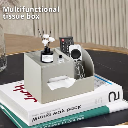 PU Leather Tissue Box Cover Square,Tissue Box Holder Organizer with Storage Tray and Remote Control Holder for Bathroom Countertop Night Stands Bedroom Office Desk,Napkin Caddy Decorative Grey - color: Khaki