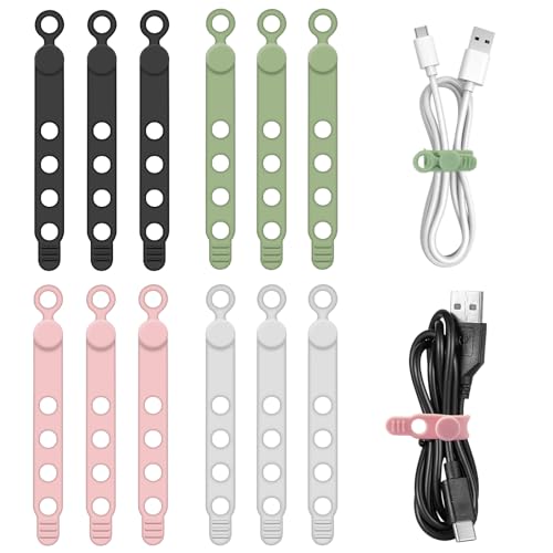 Silicone Cable Ties for Cord Organizer, Cable Management Ties with Lock Buckle, Elastic Cable Wraps Management for Multipurpose Cables, Travel Essentials for Bundling and Fastening (12, 4 Colors)