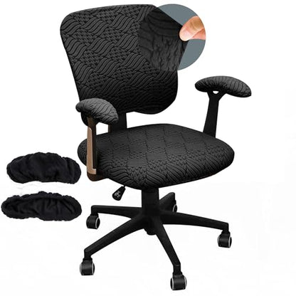 4 Pieces Split Office Chair Cover Large for Desk Chair Back and Seat with Armrest Covers Jacquard Stretch Black Office Chair Slipcovers Set Washable - color: Jacquard L-black, size: Large