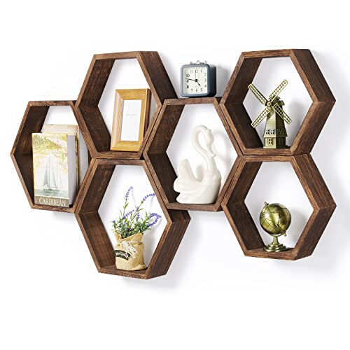 Hexagon Floating Shelves Set of 6 Farmhouse Honeycomb Wall Storage Shelf Wood Display Hexagonal Shelves Wall Mounted Hanging Rustic Shelf Racks for Bedroom Living Room Hallway Office Decor, Brown - color: Brown, size: 6 Pack