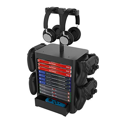 Multifunctional Game Disk Storage Tower Holder,Game Disk Rack and Controller/Headset Stand Holder Compatible with Xbox Series X/Nintendo Switch/PS5/PS4 - color: black
