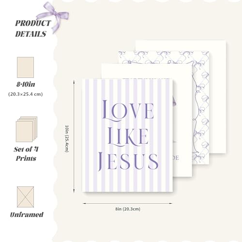 LARTSFRO Coquette Purple Bow Jesus Wall Art Decor Posters, Purple Bow Christian Room Bedroom Bathroom Dorm Wall Art Decor Aesthetic for Teen Girls Gifts, Inspirational Bible Verses Bow Wall Decor, 10x8 Inch Set of 4 Bow Pictures (UNFRAMED) - color: purple