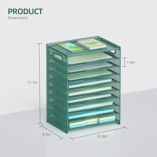 OUTWOLF 10 Tier Paper Organizer - Letter Tray Mesh Desk File Organizer with Handles for Office School Desktop, Green - color: Green