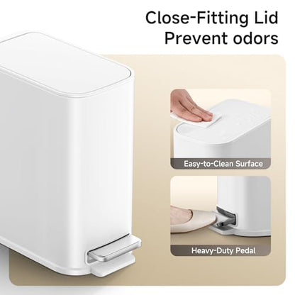 TIPGO Small Bathroom Trash Can with Lid Soft Close, Step Pedal, 1.3 Gallon / 5 Liter Stainless Steel Slim Garbage Can for Office, Diaper Waste Basket with Removable Inner Bucket (White) - color: White