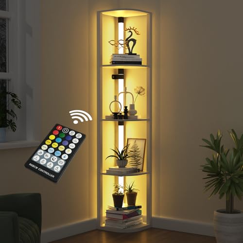 VTRIN Corner Shelf with Light, Floor Lamps with Shelves for Living Room, Small Space, Modern Home Decor Stand Sturdy 5-Tier Corner Bookshelf Cabinet Display Shelf for Collectibles, White - color: White
