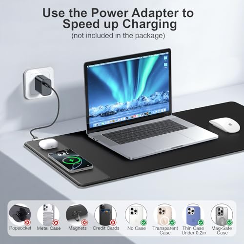 Mouse Pad with Magnetic Wireless Charger, 31.5"x15.8" Large Gaming Desk Mat, Non-Slip Base, Waterproof Ultra-Smooth Keyboard Pad for Gamer, Office & Home, Black - color: Black-31.5"x15.8"
