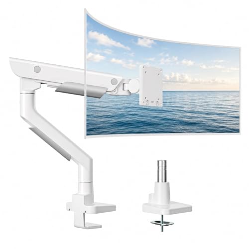 monTEK Sleek Aluminum Monitor Arm for 17–57” Ultrawide Screens up to 59.4 lbs, Heavy Duty Single Monitor Arm Desk Mount, Pneumatic Lift, Quick-Release Plate, Clamp/Grommet, Max VESA 100x100 - color: White, size: Single Arm without USB