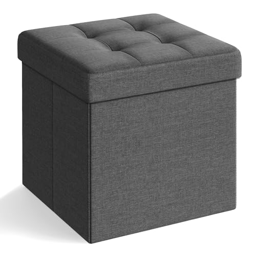 SONGMICS Storage Ottoman, Foldable Small Ottoman Foot Rest, 15 Inches Foot Stool, Cube Ottoman with Storage, Load up to 660 lb, for Living Room, Bedroom, Dorm, Dark Gray ULSF27Z - color: Dark Gray, size: 15"D x 15"W x 15"H