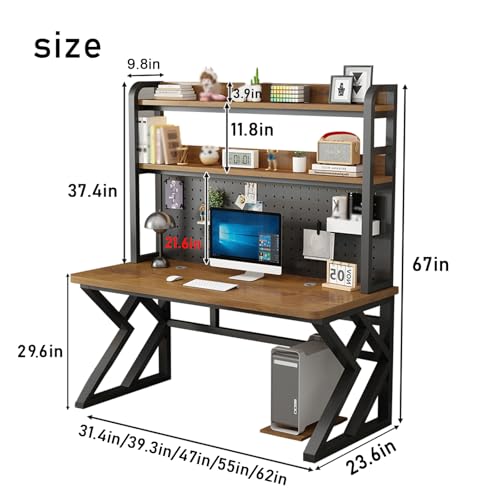 31.4in Gaming Desk with Bookshelf, Pegboard & Storage Shelves (Brown, 31.4in) - color: Brown, size: 31.4in