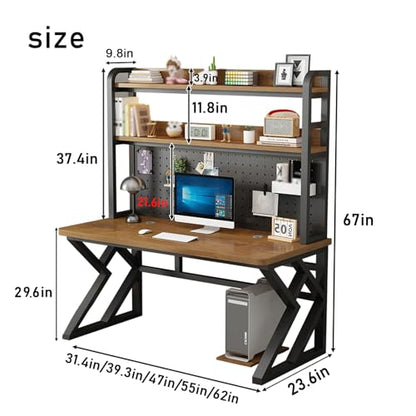 39.3in Gaming Desk with Bookshelf, Pegboard & Storage Shelves (Brown, 39.3in) - color: Brown, size: 39.3in