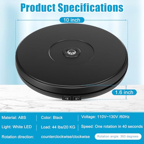 Tuanse 10 Inch Electric Motorized Rotating Turntable Cup Display Stand with LED, 44 lb Centric Loading for Table, 360 Degree Product Display Stand for Shop Jewelry Photography Video(Black) - color: Black