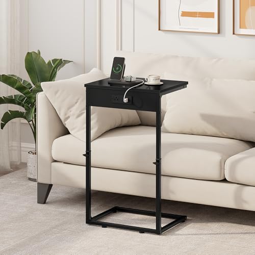 Vagusicc C Shaped End Table with Charging Station, Adjustable Height Side Table for Couch,Small Side Table Small Spaces, 33.2'' Tall Couch Tables that Slide Under, Tv Tray Table for Living Room, Black - color: Black (1 Pack), style: With Plug