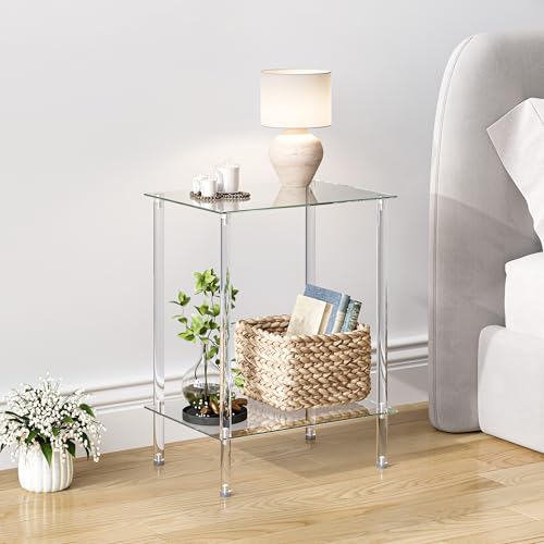 Tempered Glass Side Tables Set of 2 Acrylic End Table with 2 Storage Shelve transparent Bedside simplicity clear 2-Tier Nightstands small Spaces Office Bedroom Living Room Study Transparent ET-008TR - color: Transparent, size: 2 tier Normal