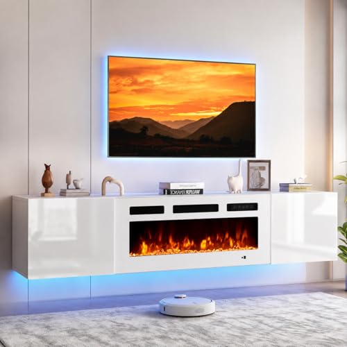 70'' Floating TV Stand with 36" Electric Fireplace, Wall Mounted Entertainment Center with Storage for TVs up to 80", Adjustable 12-Color LED Lights Media TV Console for Living Room,All White - color: All White, size: 70 IN