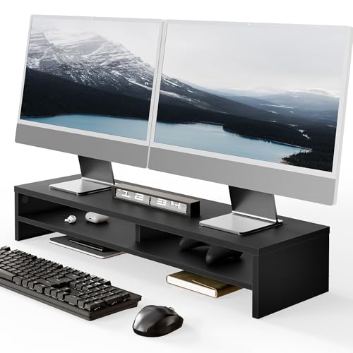 Fenge Monitor Stand, 31.5 Inch Computer Monitor Riser for Desk, 2 Tiers Wood Desk Shelf with Storage, Desktop Organizer for PC, Laptop, Screen, Printer - color: Black