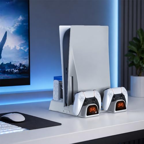 Cooling Station for PS5/Slim/Pro/Disc&Digital, White Cooling Stand with Dual PS5 Controller Charging Station, 3 Levels Cooling Fan, Multi-Function PS5 Accessories Slot and USB Hub