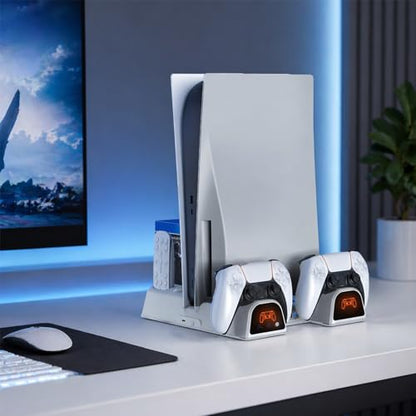 Cooling Station for PS5/Slim/Pro/Disc&Digital, White Cooling Stand with Dual PS5 Controller Charging Station, 3 Levels Cooling Fan, Multi-Function PS5 Accessories Slot and USB Hub